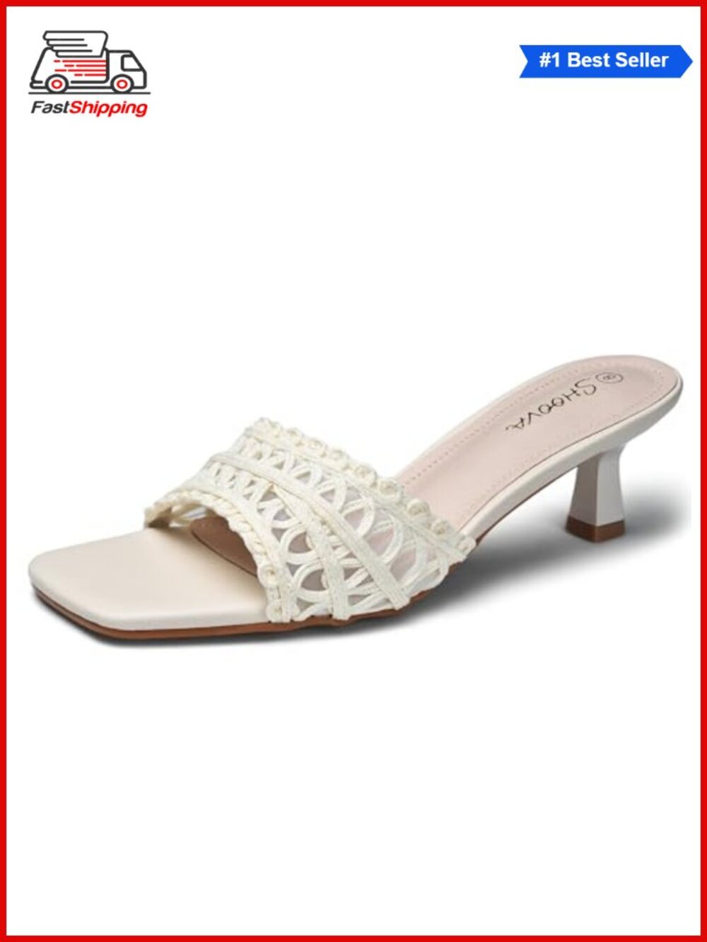 ✨SHOOVA Women's White Lace Kitten Heels Square Toe Mesh Low Heel Slip On